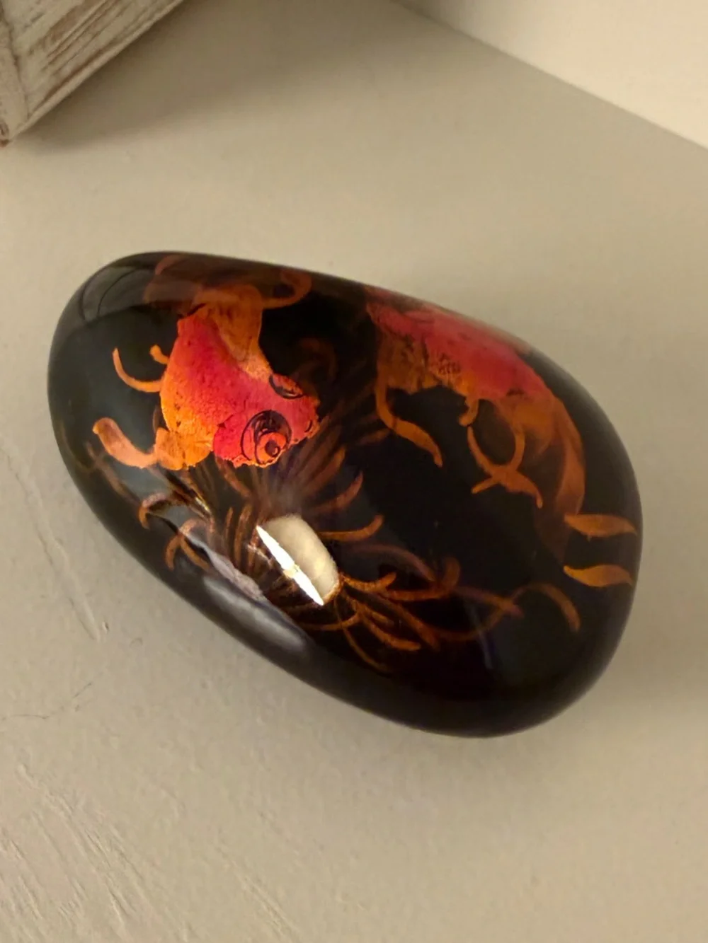 Paperweight Orange Koi on Black Laquered Stone Vietnam Hand Painted Vintage